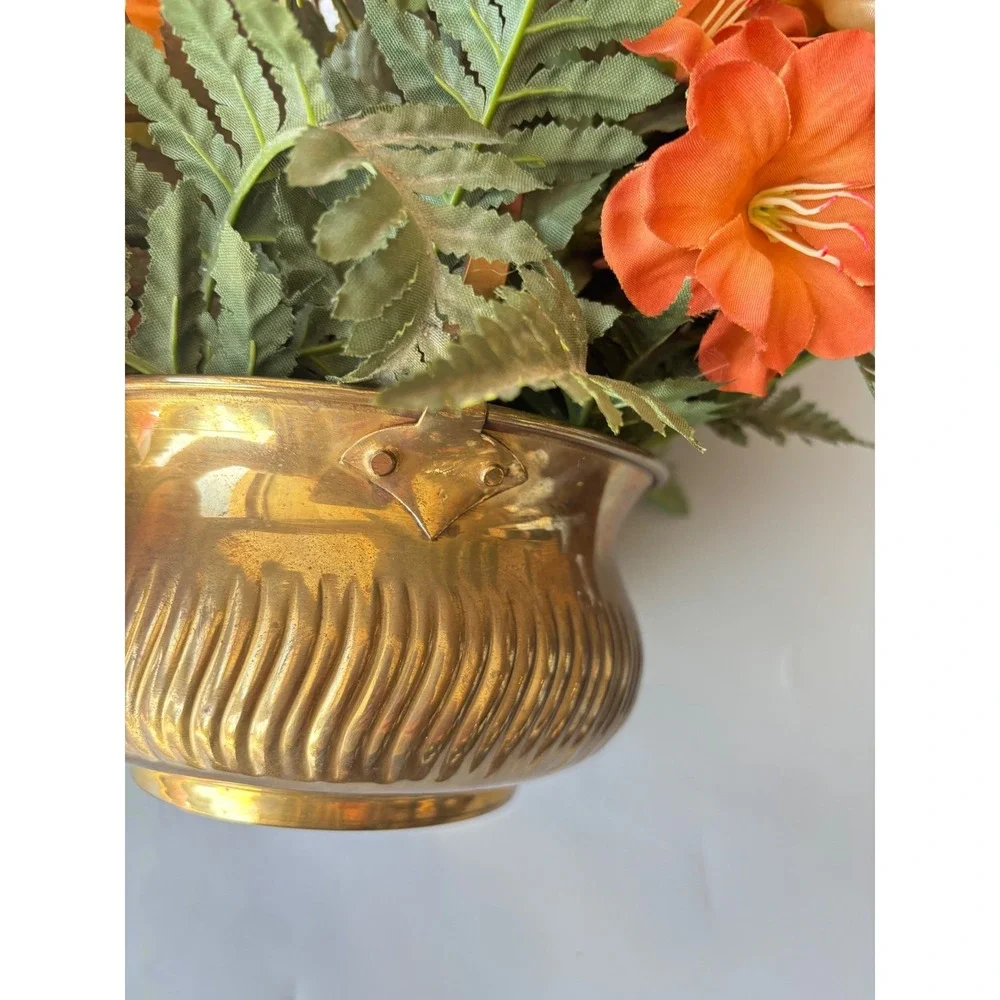 Vtg Silk Floral Arrangement Peach Feathers Roses Brass Bowl‎ Made in India 15